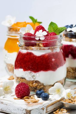 Beyaz arka planda, closeup kavanozlara tatlılar granola, berry ve meyve püresi