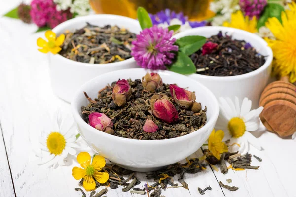 Assortment of herbal tea on white wooden background — Stock Photo, Image