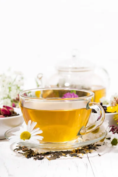 Fragrant herbal tea in a cup, vertical — Stock Photo, Image