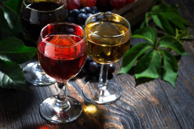 ahşap arka planda farklı şarap çeşitleri