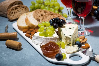 peynir tabağı, ciabatta, taze üzüm ve kırmızı şarap, portre