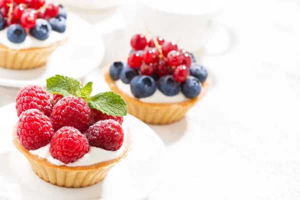 Mini tarts with cream and berries on white background — Stock Photo, Image