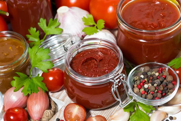 Sughi di pomodoro, pasta e ingredienti — Foto Stock