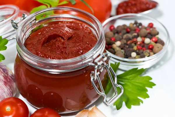 Tomatensaus en verse ingrediënten op witte achtergrond, close-up — Stockfoto