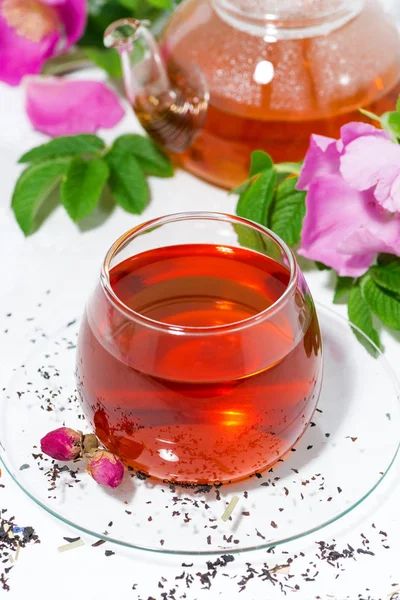 Ароматный чай с дикой розой в стеклянной чашке на белом фоне — стоковое фото
