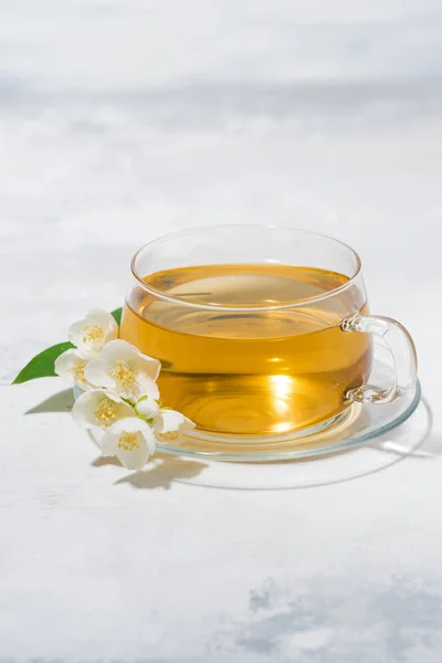 Glass cup with green tea on a white background and jasmine — Stock Photo, Image