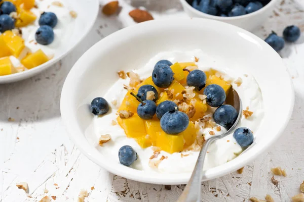 Grekisk yoghurt med mango och blåbär, närbild — Stockfoto