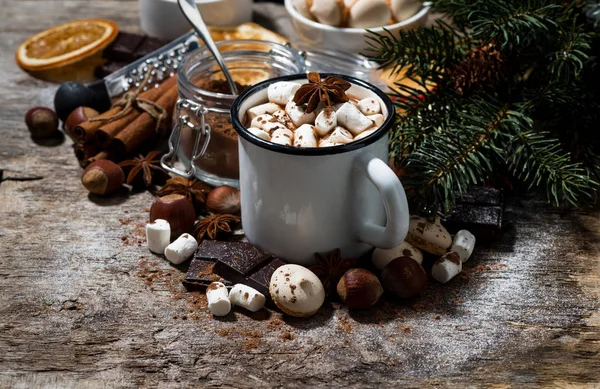 Чашка горячего шоколада с зефиром и сладостями — стоковое фото