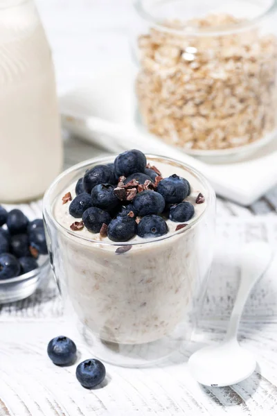 Abedul muesli con arándanos frescos sobre mesa blanca, vertical —  Fotos de Stock