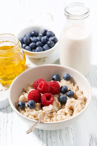 Deliciosa avena casera con bayas para el desayuno, vertical —  Fotos de Stock