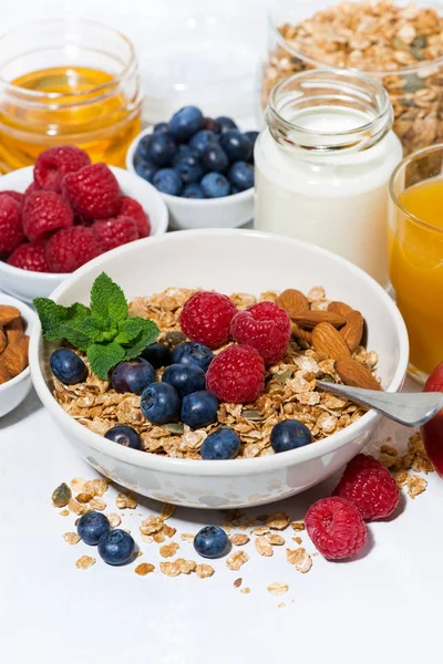 Gesundes Frühstück. Müsli, frische Beeren und Früchte — Stockfoto