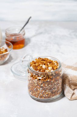 Hindistan cevizi ve fındıklı ev yapımı granola, dikey fotoğraf.