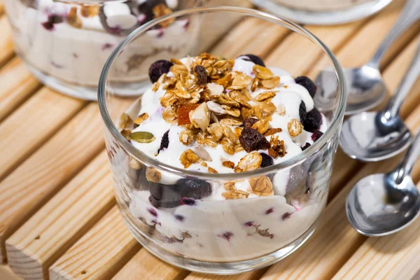 Healthy Dessert Blueberries Yogurt Muesli Closeup — Stock Photo, Image