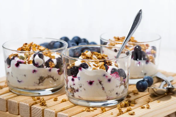 Hälsosam Dessert Med Blåbär Yoghurt Och Müsli Horisontell — Stockfoto