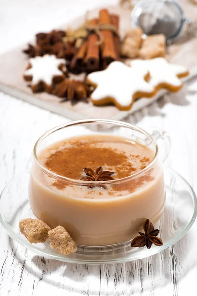 Cup Masala Tea Christmas Cookies White Background Closeup Vertical — Stock Photo, Image