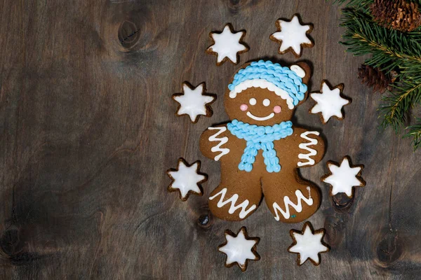 Homemade Gingerbread Man Stars Cookies Gray Wooden Background Closeup Top — Stock Photo, Image