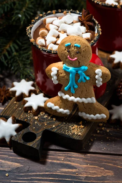 Gingerbread Man Cookies Hot Chocolate Wooden Background Top View — Stock Photo, Image