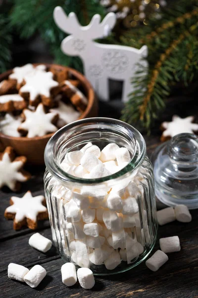 Jarra Com Marshmallows Doces Decorações Natal Vista Superior — Fotografia de Stock