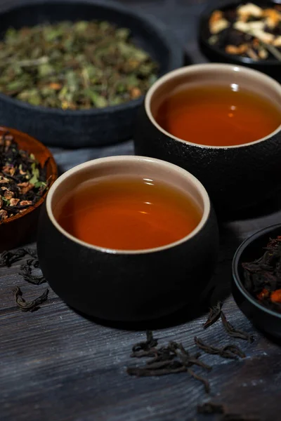 Tea Assortment Black Floral Herbal Drinks Wooden Table Closeup — Stock Photo, Image