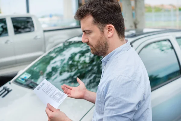 Surprised man finding parking ticket fine on his car