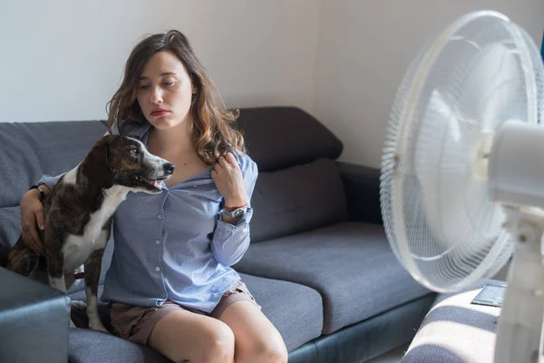 Jeune Femme Rafraîchissant Devant Ventilateur Refroidissement Avec Son Chien — Photo