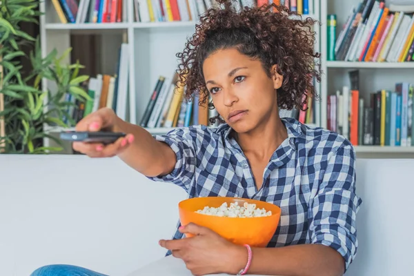 Bored Woman Sitting Home Remote Control Watching — Stock Photo, Image