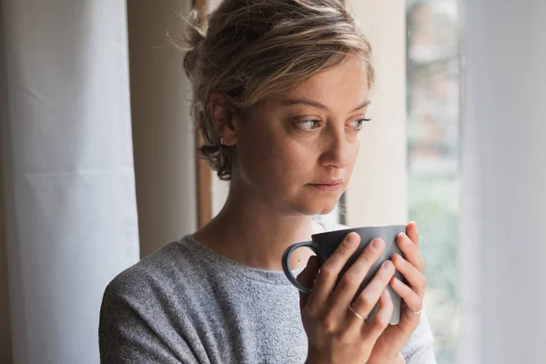 Woman Feeling Bad Looking Comfort Warm Drinking Cup Hot Chocolate — Stock Photo, Image