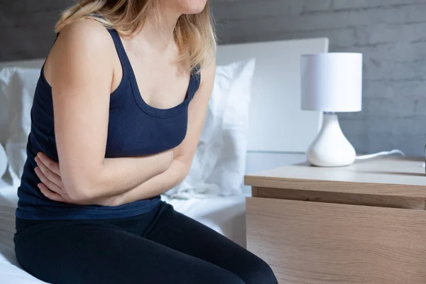 Woman Suffering Stomachache Sitting Bed — Stock Photo, Image