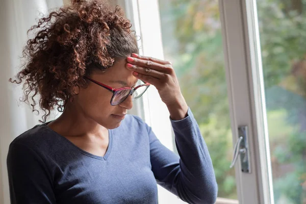 Lonely Black Woman Window Thinking Something — Stock Photo, Image