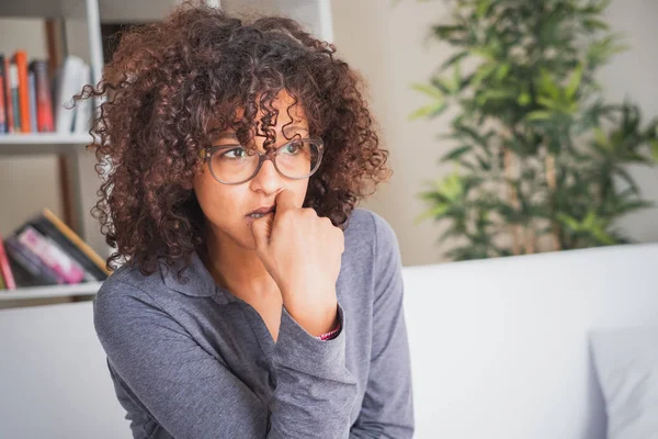 Brooding Thoughtful Black Woman Face Portrait — Stock Photo, Image