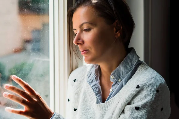 Woman Next Window Looking Lonely Mood — Stock Photo, Image