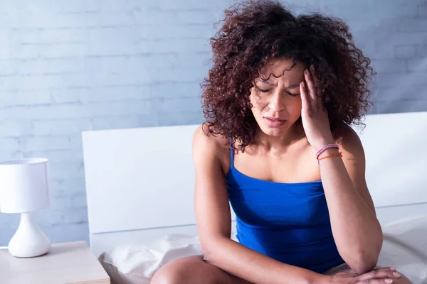 Young Worried Black African American Woman Suffering Migraine — Stock Photo, Image