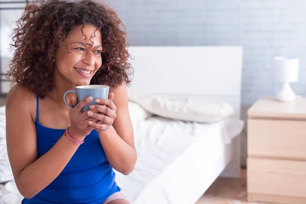 Happy Young Black Woman Drinking Hot Coffee Morning — Stock Photo, Image