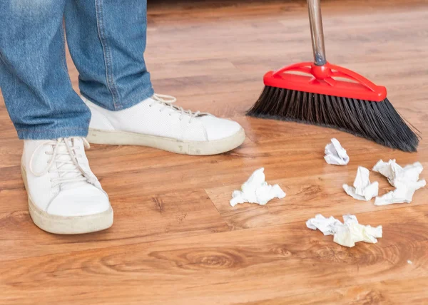 Closeup Cleaning Man Sweeping Wooden Floor Broom — Stock Photo, Image
