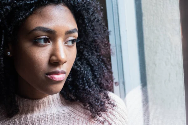 Sad and lonely young black woman portrait at home — Stock Photo, Image