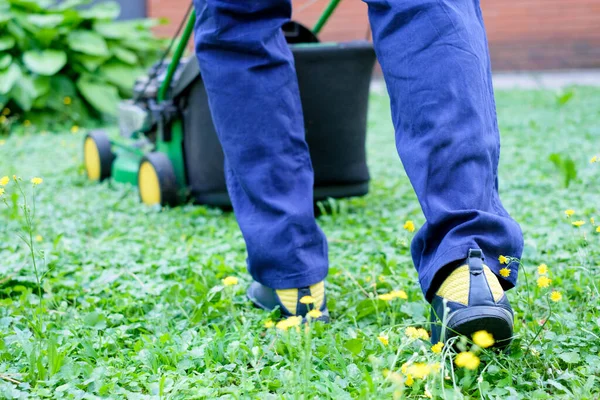 芝生に芝刈りをする男芝刈り機は足に集中する — ストック写真