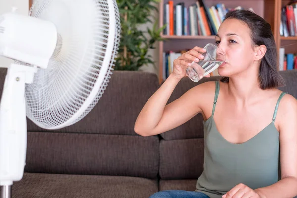 Woman Suffering Summer Heat Cooling Home — Stock Photo, Image
