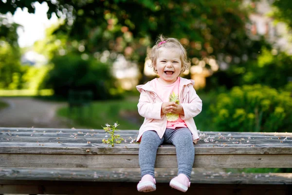 Linda adorable niña jugando con flores de castaño en flor. Pequeño bebé yendo a dar un paseo en un día soleado . — Foto de Stock