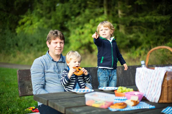 Jovem pai e dois meninos pequenos fazendo piquenique na natureza, perto da floresta e do lago no verão. Bonitos irmãos crianças e homens comendo alimentos frescos e saudáveis . — Fotografia de Stock