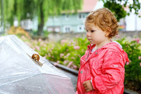 Cute adorable baby girl discovering snail on a walk. Beautiful curly toddler child having fun on rainy day. With big umbrella, child in waterproof clothes — Stock Photo, Image