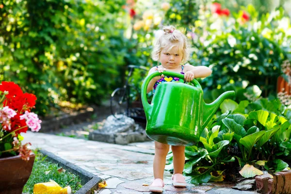 Niedliches kleines Mädchen im bunten Badeanzug, das an heißen Sommertagen Pflanzen und blühende Blumen im heimischen Garten gießt. entzückendes Kleinkind, das Spaß am Spielen mit Wasser und Dose hat — Stockfoto