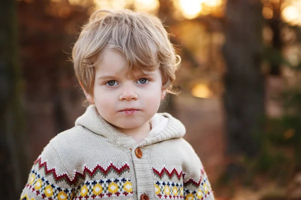 Porträtt av vackra lilla kaukasiska pojke 2, utomhus. Kvällsljus. Söt liten knatte med blont hår i kväll skymningen ljus tittar på kameran. Vackra barn och barn — Stockfoto