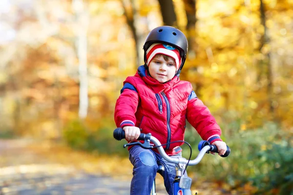 Ragazzino in abiti caldi colorati nel parco forestale autunnale alla guida di una bicicletta — Foto Stock