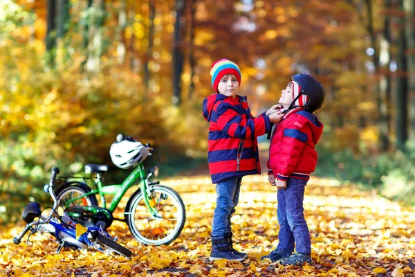 Dwa małe dziecko chłopców z rowerami w jesień las wprowadzenie kaski — Zdjęcie stockowe