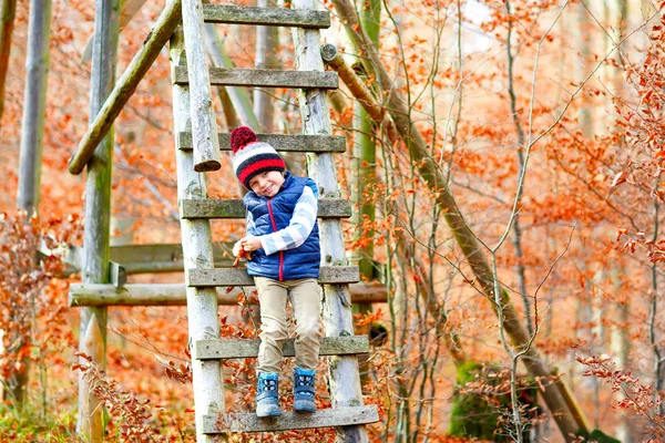 Bonito menino climing em árvore casa na floresta no dia de outono — Fotografia de Stock