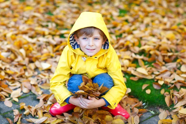 Happy cute little kid boy with autumn leaves playing in garden — Stock Photo, Image