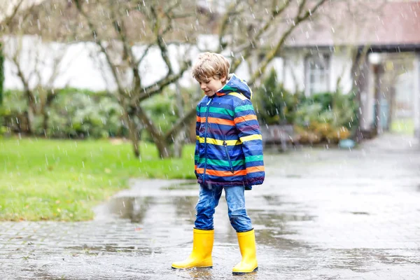 Little Kid Boy Wearing Yellow Rain Boots Walking Sleet Rain — Stock Photo, Image