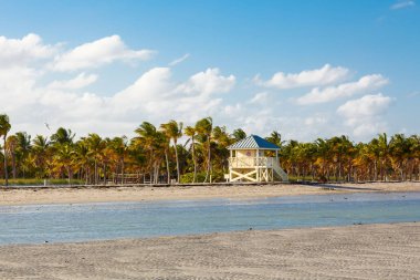 Beautiful Crandon Park Beach located in Key Biscayne in Miami, Florida, USA. Palms, white sand and security house clipart