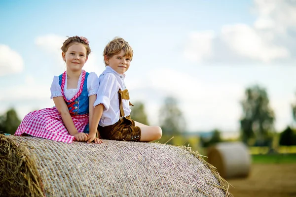Двое детей, мальчик и девочка в традиционных баварских костюмах на пшеничном поле с тюками сена — стоковое фото