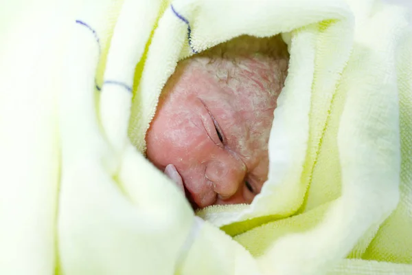 Newborn child seconds and minutes after birth. Cute tiny new born baby girl on towel. New life, beginning, healthcare — Stock Photo, Image